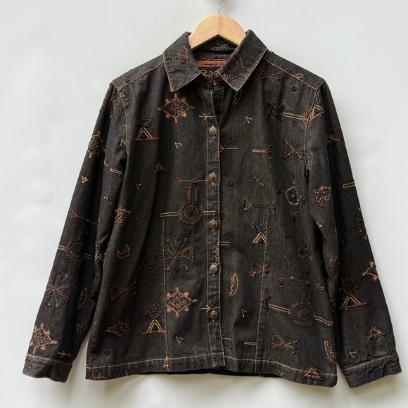 Chico's Jackets & Blazers - Chico's‎ Jacket Womens 1 Medium Brown Native Southwest Embellished Denim Shacket